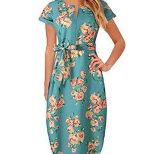 Midi Dress Side Slit Floral Print with Belt